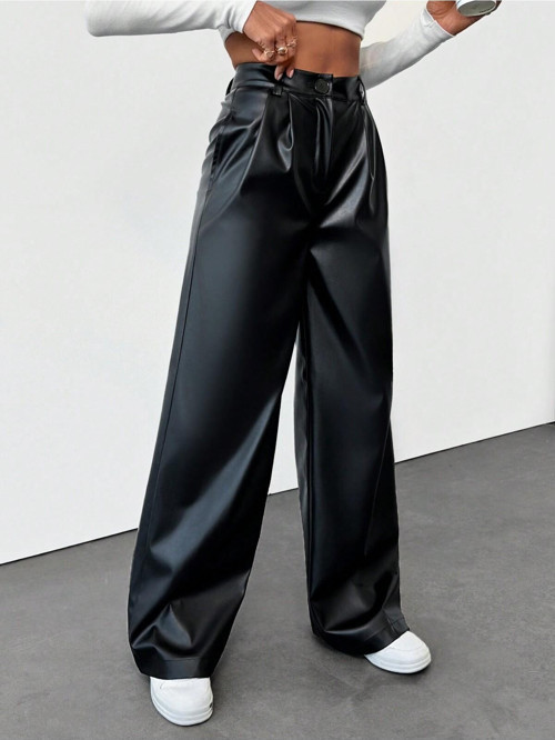 Siyah Renk Yüksek Bel Deri Geniş Paça Kadın Pantolon