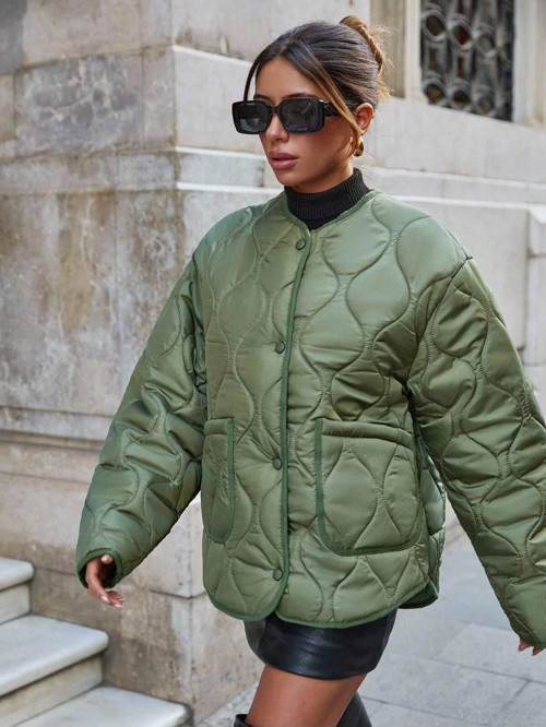 Haki Oversize Kapitone Desenli Kadın Mont