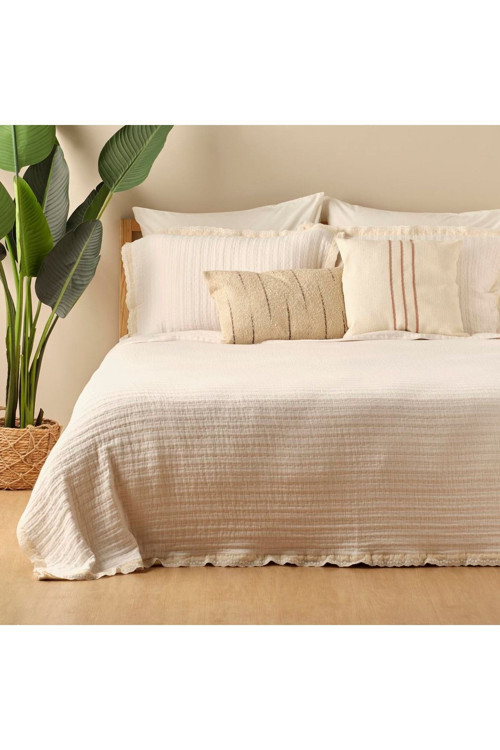 %100 Pamuk Vintage Çift Kişilik Yatak Örtüsü Seti Krem (240x260 cm)