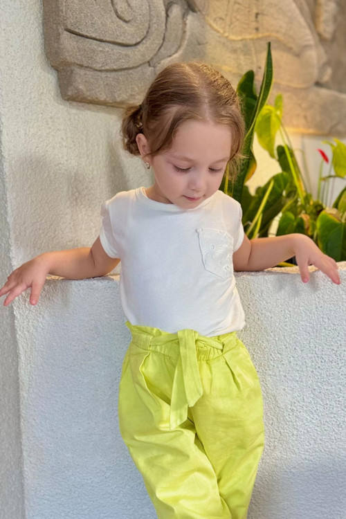 Kız Çocuk Tişört Cepli Güpürlü 3-7 Yaş Ekru