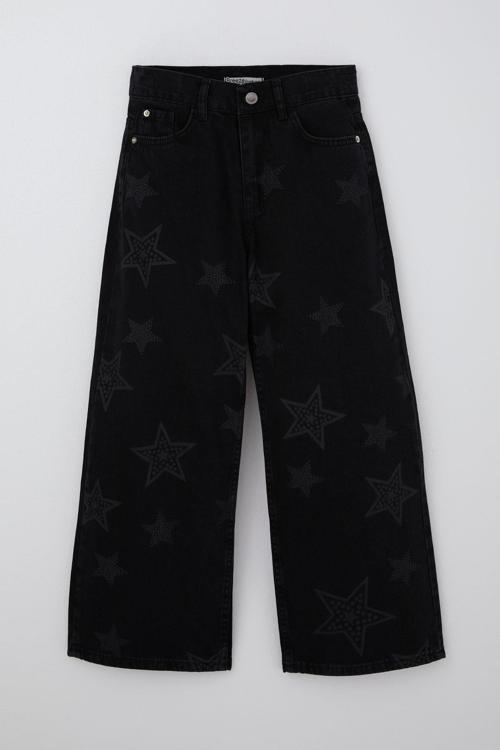 Kız Çocuk Jean Pantolon Yıldız Baskılı Fermuarlı Düğmeli 10-14 Yaş Siyah