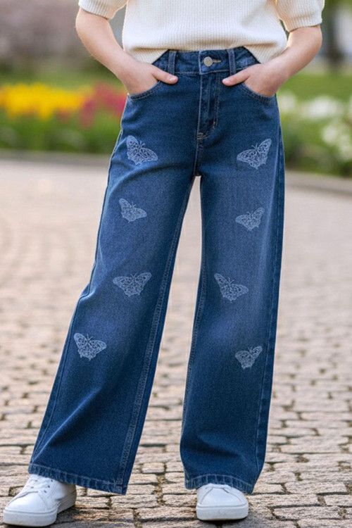 Kız Çocuk Jean Pantolon Kelebek Nakışlı 5-9 Yaş Mavi