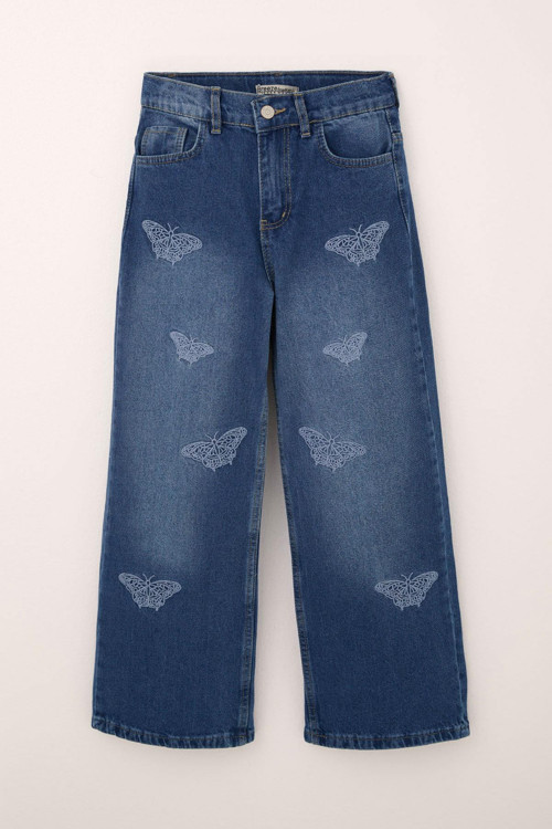 Kız Çocuk Jean Pantolon Kelebek Nakışlı 10-14 Yaş Mavi