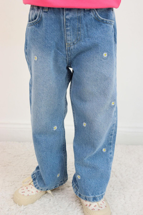 Kız Çocuk Jean Pantolon Papatya Nakışlı Düğmeli 1.5-5 Yaş Açık Mavi