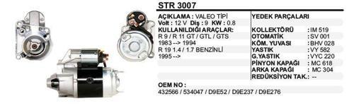 MARŞ MOTORU 9 DİŞ 12V D9E RENAULT-R9/R11/R21 (83-94)/19 1.4 1.7 BENZİNLİ(95-) VALEO TİP