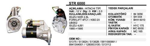 MARŞ MOTORU 9 DİŞ 12V ISUZU NKR FORKLİFT 4FC1-KBD 20 UBS52 PEUGEOT PREMIER  HITACHI TİP