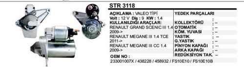 MARŞ MOTORU 9 DİŞ 12V  RENAULT MEGANE III 1 4 TCE FS10E 2011->  VALEO TİP