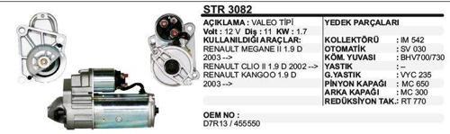 MARŞ MOTORU 11 DİŞ 12V D7R RENAULT MEGANE II / CLIO II / KANGO 1.9D (02-03-) VALEO TİP