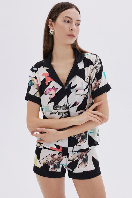 Mixte Desenli Saten Detaylı Kısa Viskon Pijama Takımı