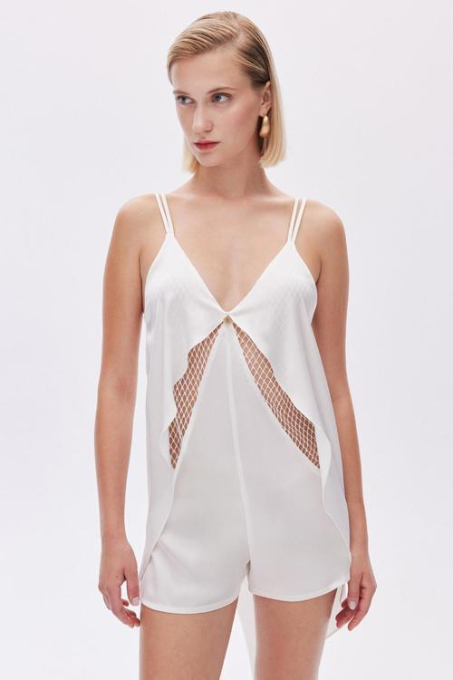 Calla Lily Ekru Dantel Detaylı Saten Tulum