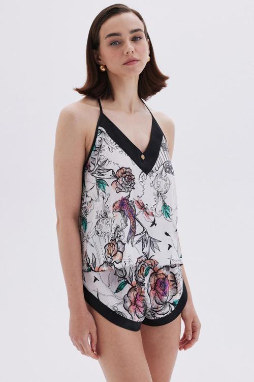 Maison Royale Desenli Saten Detaylı Askılı Kısa Viskon Pijama Takımı