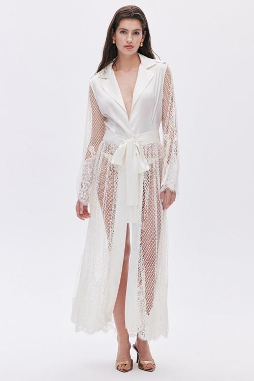 Calla Lily Ekru Dantel Detaylı Uzun Saten Sabahlık / Kimono