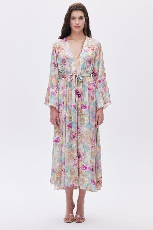 Marguerite Desenli Uzun Saten Sabahlık / Kimono