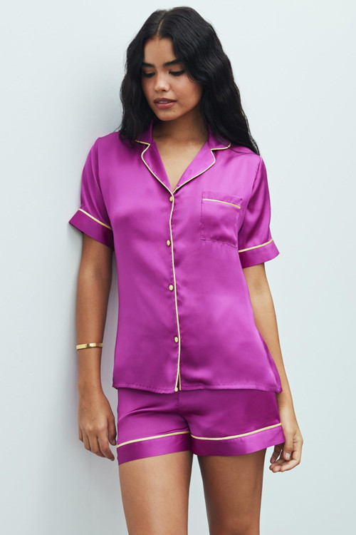 Amoureux Fuşya Kısa Saten Pijama Takımı