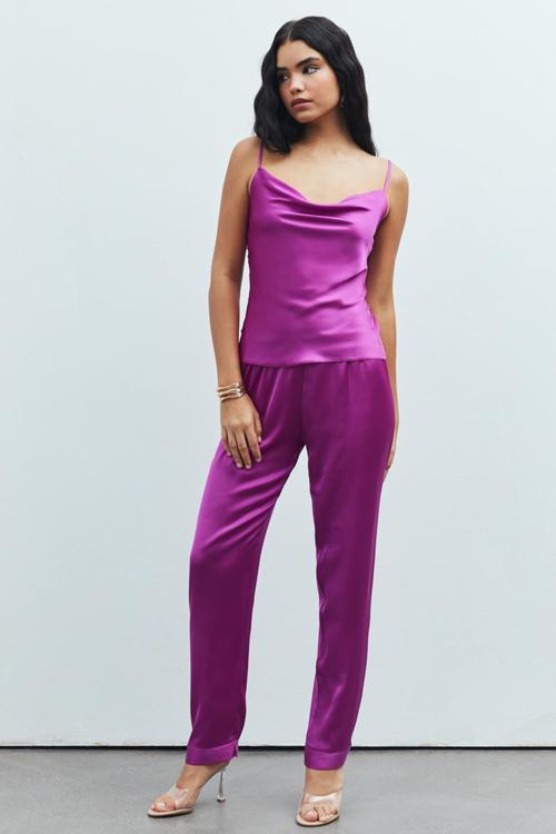 Brûleur Fuşya Degaje Yaka Askılı Uzun Saten Pijama Takımı