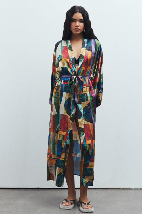 Frappant Coloré Desenli Uzun Saten Sabahlık / Kimono