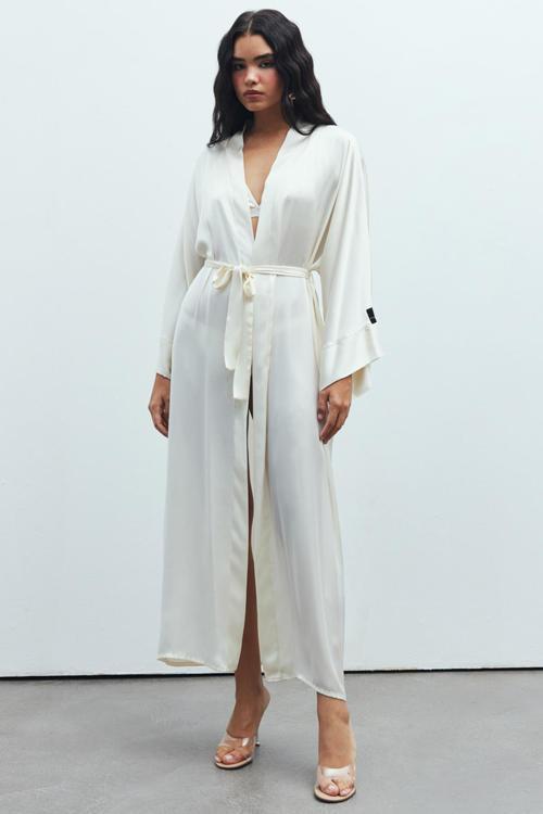 Frappant Ekru Uzun Saten Sabahlık / Kimono