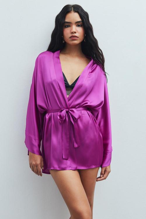Fumée Fuşya Kısa Saten Sabahlık / Kimono