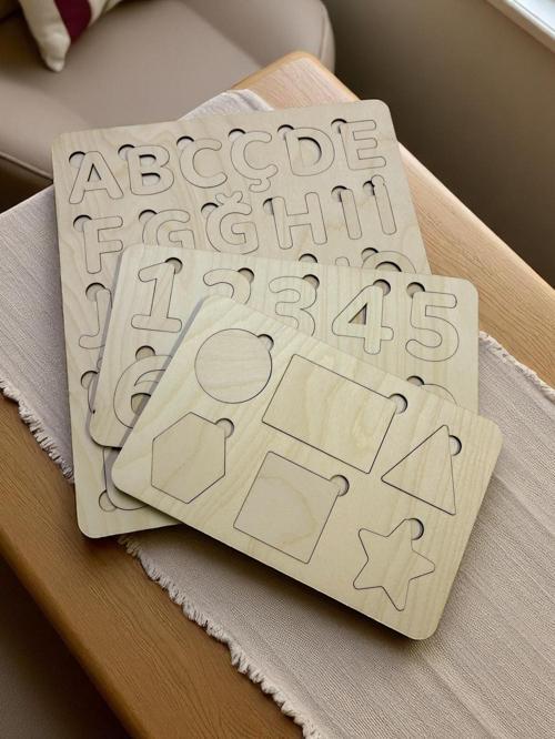 Boyanabilir Puzzle Seti, Ahşap Bul-Tak Yapboz Set, Eğitici Bulmaca, Harf/Rakam/Şekil Öğrenimi