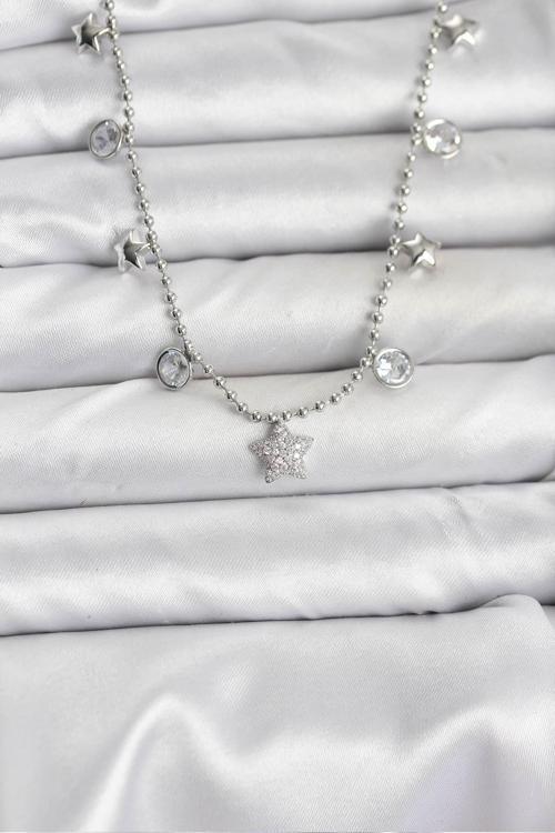 Pirinç Gümüş Renk Yıldız Model Kadın Kolye - EBJ251115W38380