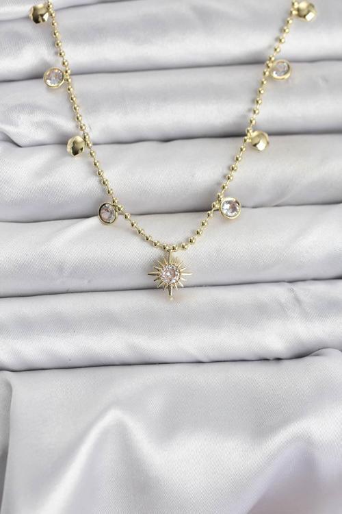 Zirkon Taşlı Kutup Yıldızı Model Pirinç Gold Renk Kadın Kolye - EBJ251115W38378