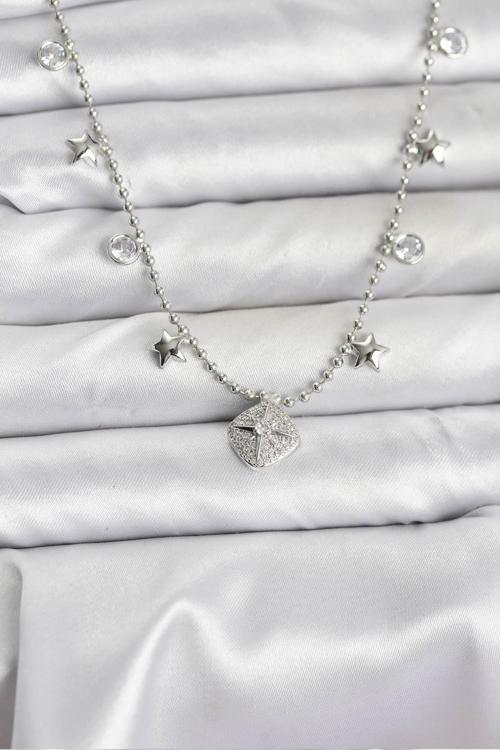 Pirinç Gümüş Renk Zirkon Taşlı Kutup Yıldızı Model Kadın Kolye - EBJ251115W38387