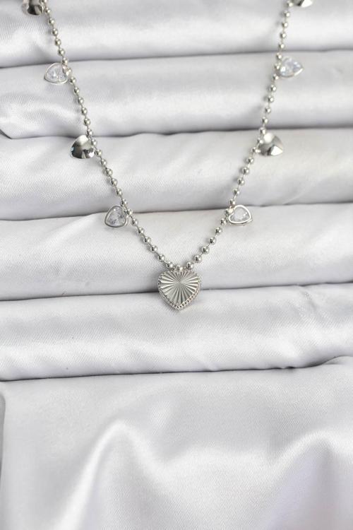 Pirinç Gümüş Renk Kalp Model Kadın Kolye - EBJ251115W38383