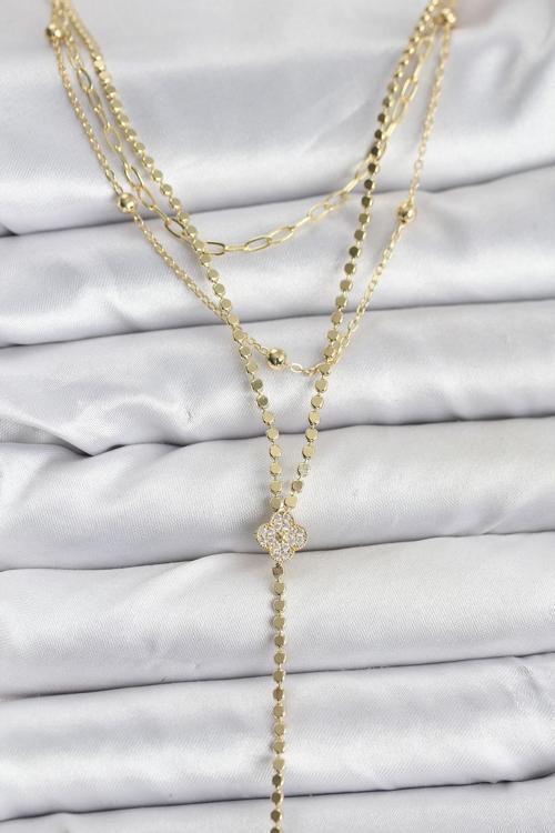 Pirinç Gold Renk Zirkon Taşlı Yonca Model Detaylı 3'lü Kombin Y Kadın Kolye - EBJ251115W38432