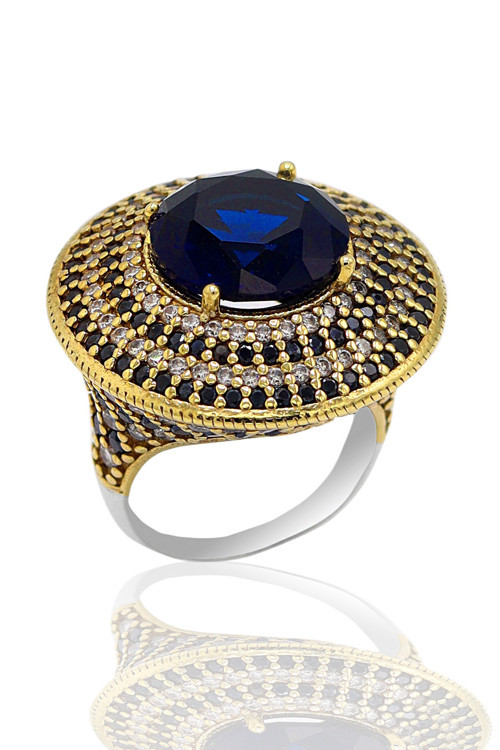 Safir Taşlı Zirkon Süsleme Otantik Gümüş Kadın Yüzük 201023757