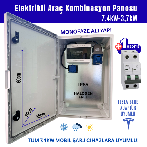 "BluePan" 7,4kW Elektrikli Araç Kombinasyon Panosu, 3x32A VIKO Sigorta Grubu