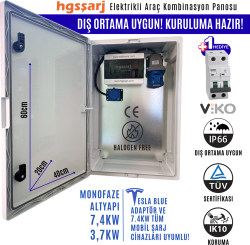"BluePan" 7,4kW Elektrikli Araç Kombinasyon Panosu, 3x32A VIKO Sigorta Grubu