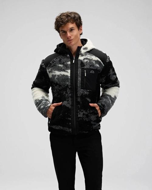 EM516-GI Erkek Fermuarlı Kapüşonlu Siyah Polar Mont