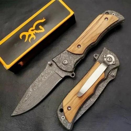 Damaskus Desenli Ahşap Saplı Kamp & Outdoor Çakı – Katlanabilir Taşıma Kolaylığı