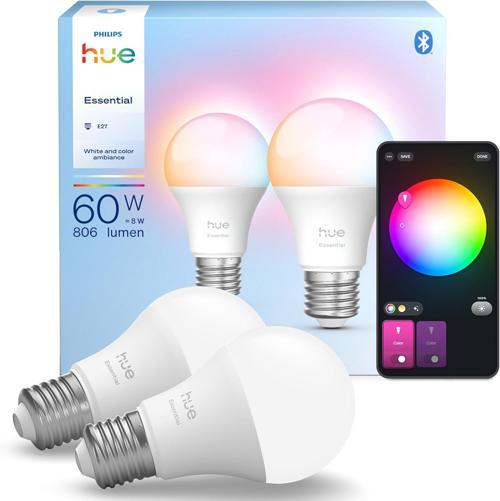 Hue Essential 8W E27 806 Lumen Renkli Akıllı Ampul A60 (2'Li Ekopaket)