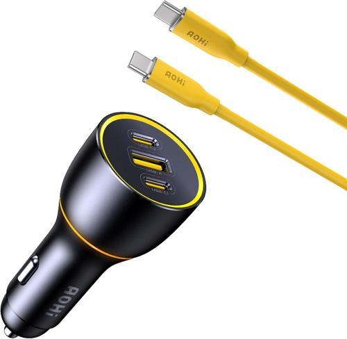 Araç İçi 3 Portlu 170W Şarj Cihazı, 140W 1M Pd 3.1 480Mbps Süper Hızlı Şarj/Data Kablosu Seti