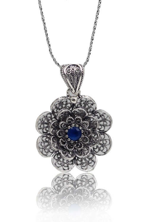 Safir Taşlı Çiçek Model Oksitli Telkari Kadın Gümüş Kolye 201023919