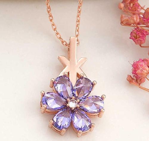 925 Ayar Gümüş Rose Mor Sevgi Çiçeği Kadın Kolye
