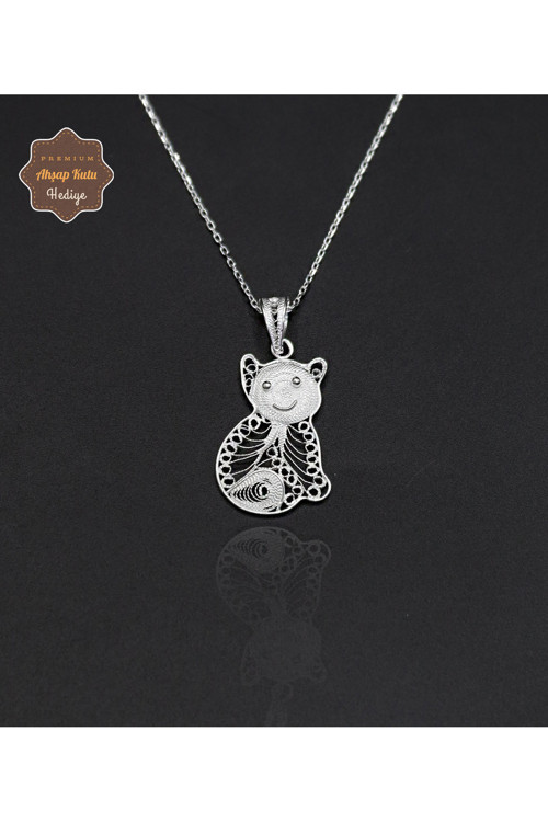 Kedi Model 925 Ayar Saf Gümüş Telkari Kadın Kolye 201024650