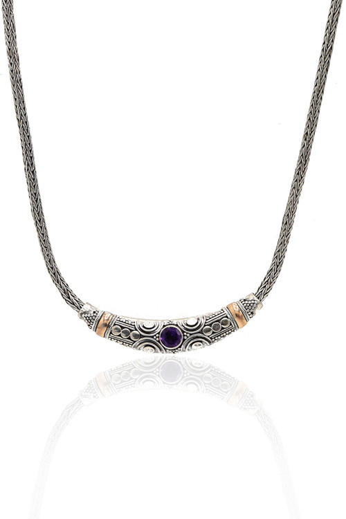 Ametist Taşlı 925 Ayar Saf Gümüş Hasır Zincir Unisex Kolye 201023657