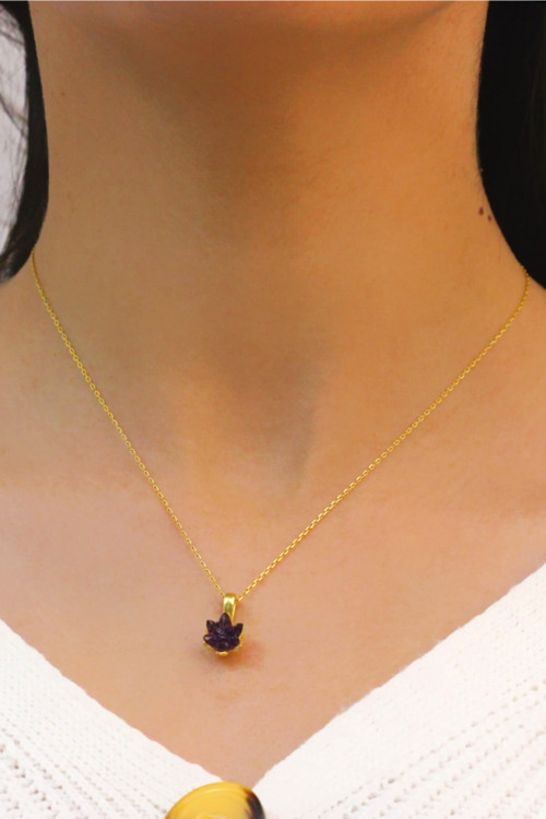 Lotus Çiçeği Ametist Taşlı Gümüş Kolye