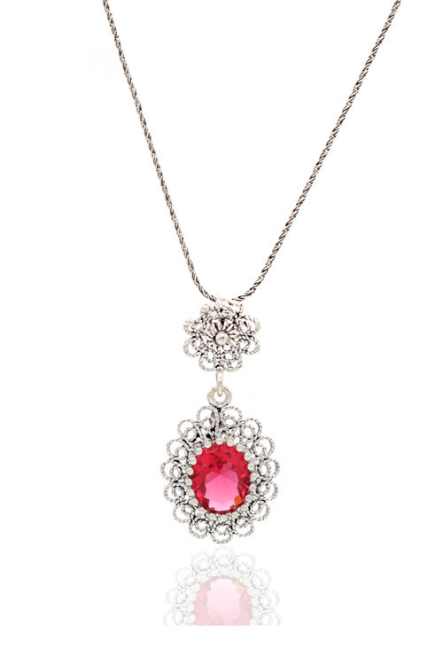 Pembe Zirkon Taşlı Elips Model Oksitli Telkari Gümüş Kolye 201021959
