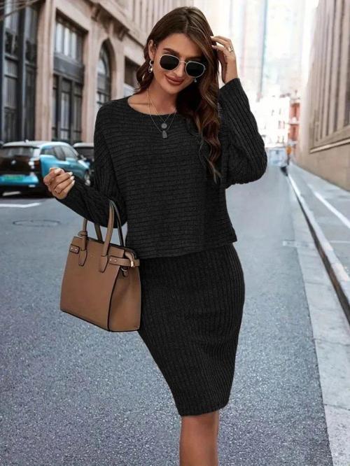 MDB Kadın Uzun Kollu Iki Yanı Açık Yaka Detaylı Bluz Ve Etek şardonlu Kaşkorse Ikili Takım