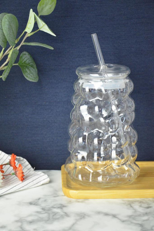 Üzüm Desen Bubble Borosilikat Cam Pipetli Bardak 1 Litre