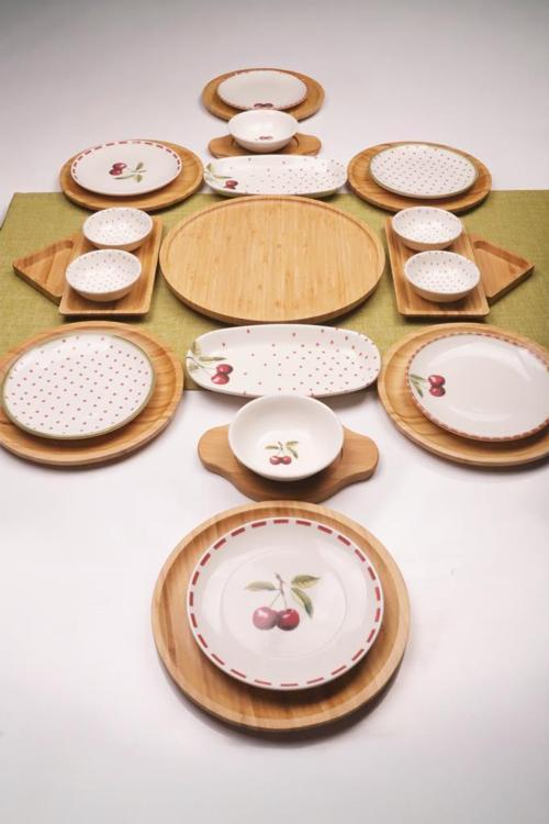 Eden 6 Kişilik 27 Parça Doğal Bambu Porselen Kahvaltı Takımı – Kahvaltı Seti Sunum Seti