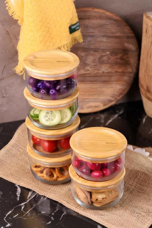 Duo 300ml 6'lı Bambu Kapaklı Cam Kahvaltılık Seti