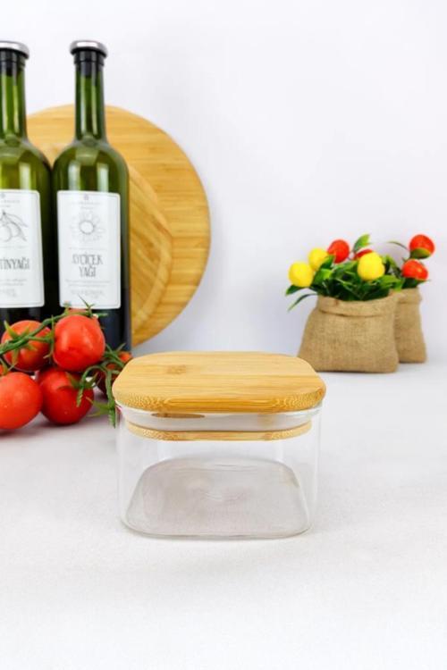 Duo 400 Ml Bambu Kapaklı Kare Borosilikat Cam Kase - 1 Adet