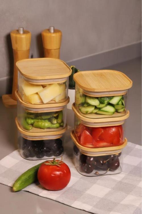Duo 400 Ml Bambu Kapaklı Kare Borosilikat Cam Kase 6 Adet