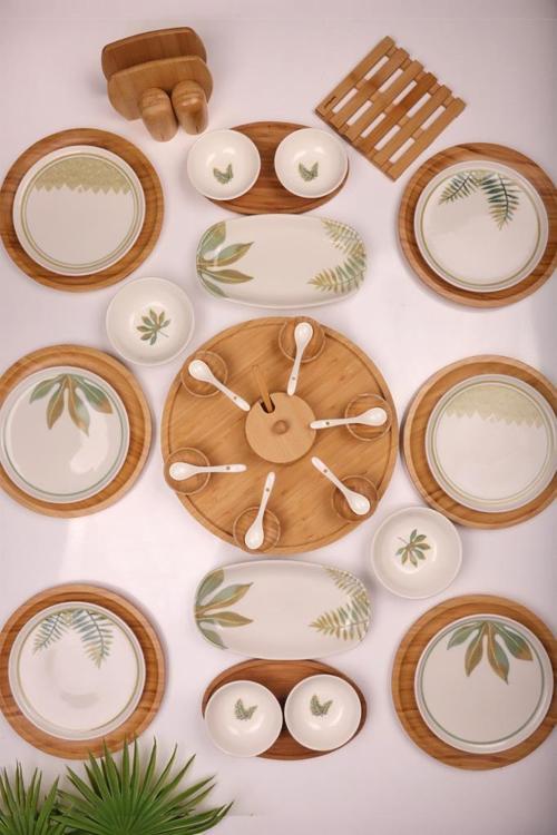 Dawn 6 Kişilik 42 Parça Doğal Bambu Porselen Kahvaltı Takımı – Kahvaltı Seti Sunum Seti