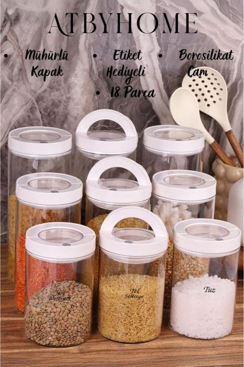 Lengo 9'lu 1200-1600-850 ml Mühürlü Vakumlu Borosilikat Cam Erzak Saklama Kavanozu