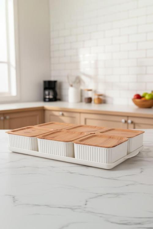 Valverdi - 6'lı 13 Parça Plastik Kahvaltılık Kahvaltı Seti Sunum Seti Bambu Görünüm